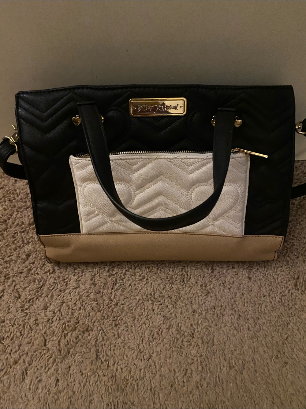 Betsey Johnson Black, White & Beige Quilted Satchel with Front Pocket